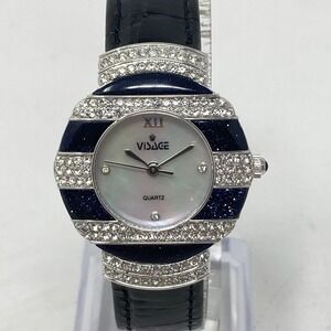 Visage Womens Watch 30mm Silver Tone MOP Crystals Glitter Leather New Battery